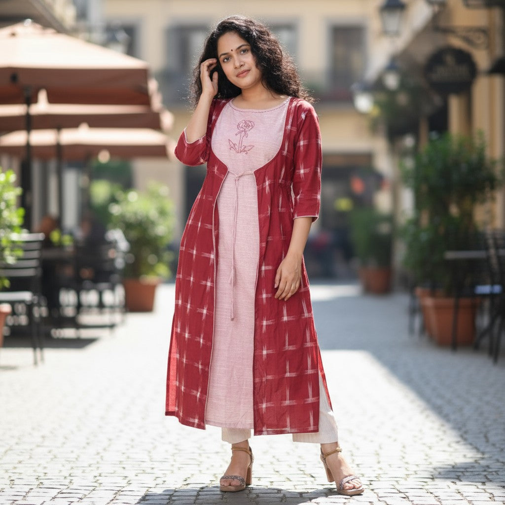Handloom Stylish Maroon Jacket Kurta Set