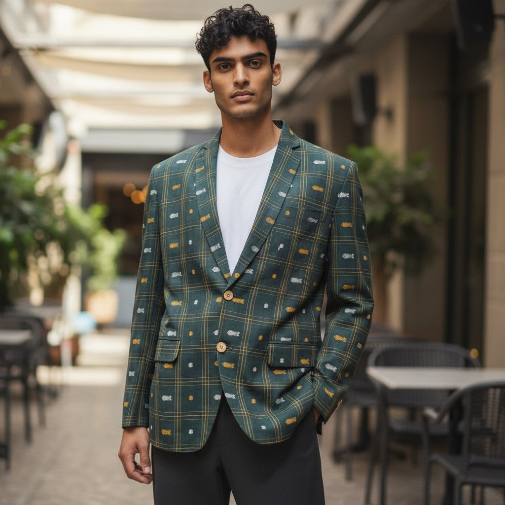 Handloom Kotpad Green Men's Blazer