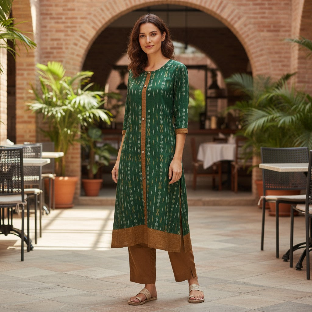 Handloom Cotton Stylish Green Kurta Set