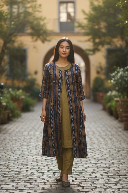 Handloom Blue Shrug Kurta & Pant Set