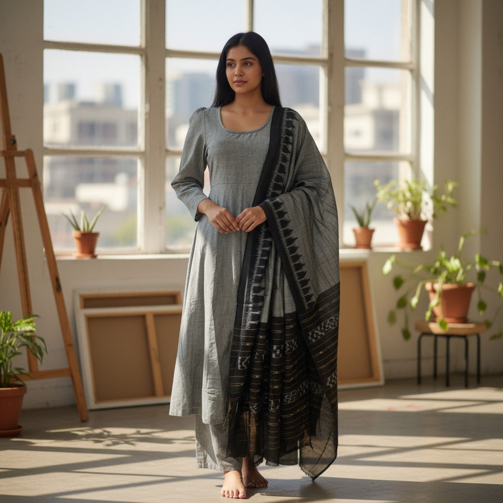 Handloom Designer Grey Kurta ,Pant nd  Dupatta Set