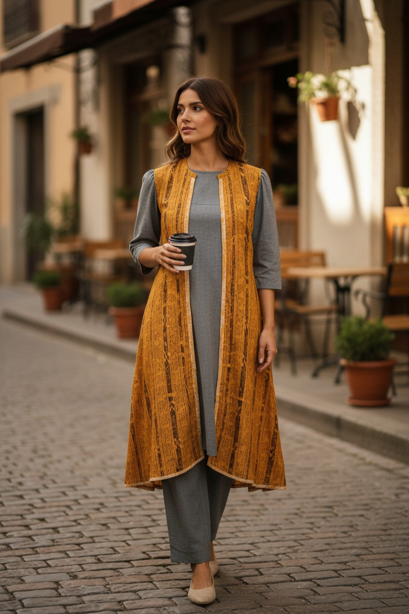 Women Cotton Yellow & Grey Shrug Set