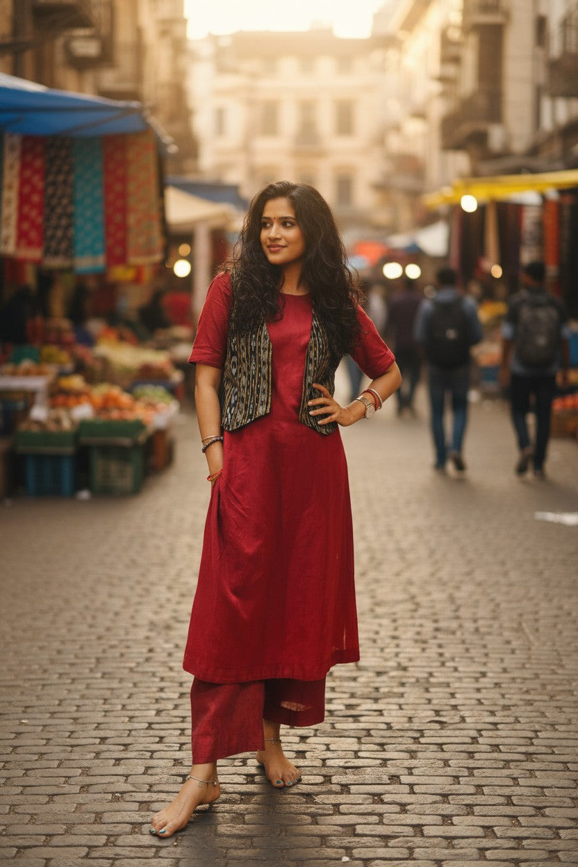 Handloom Maroon Kurta Set & Half Jacket