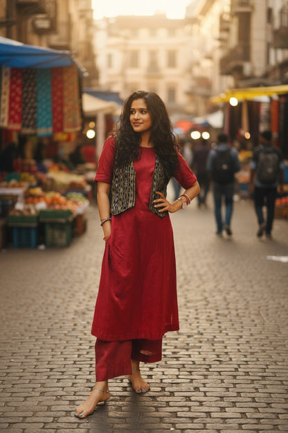 Handloom Maroon Kurta Set & Half Jacket