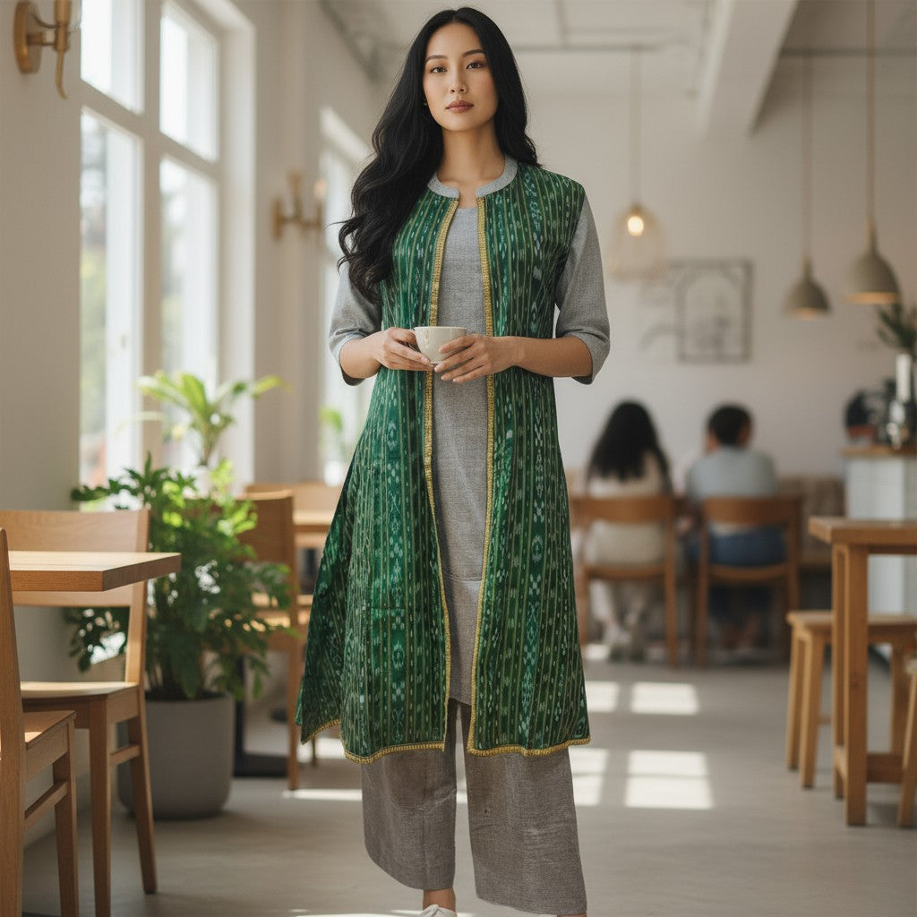 Cotton Green & Grey Shrug Set