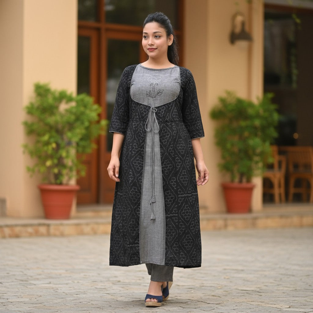 Kantha Stich  Designer Black Jacket Kurta & Pant Set