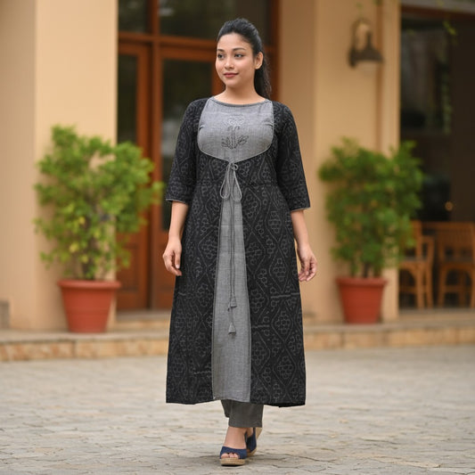 Kantha Stich  Designer Black Jacket Kurta & Pant Set