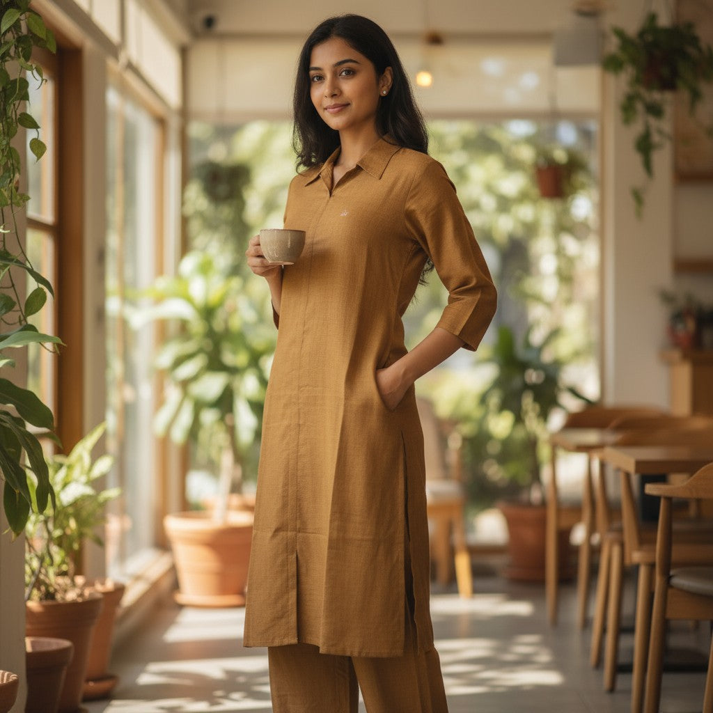 Handloom Cotton Mustard Coord Set