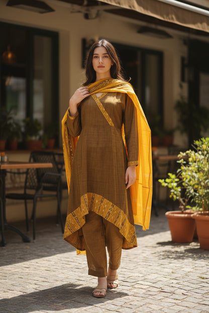 Handloom High Low Anarkali Kurta Dupatta Set