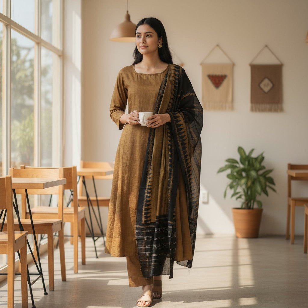 Handloom Designer Mustard Kurta ,Pant nd  Dupatta Set