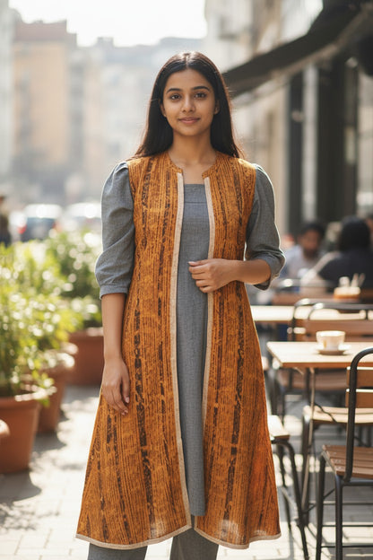Women Cotton Yellow & Grey Shrug Set