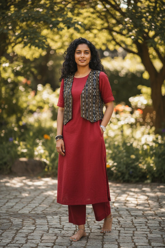 Handloom Maroon Kurta Set & Half Jacket