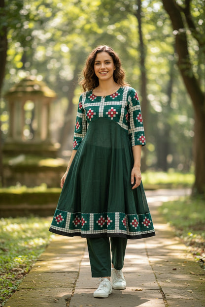Handloom Green Passapali Anarkali Kurta Set