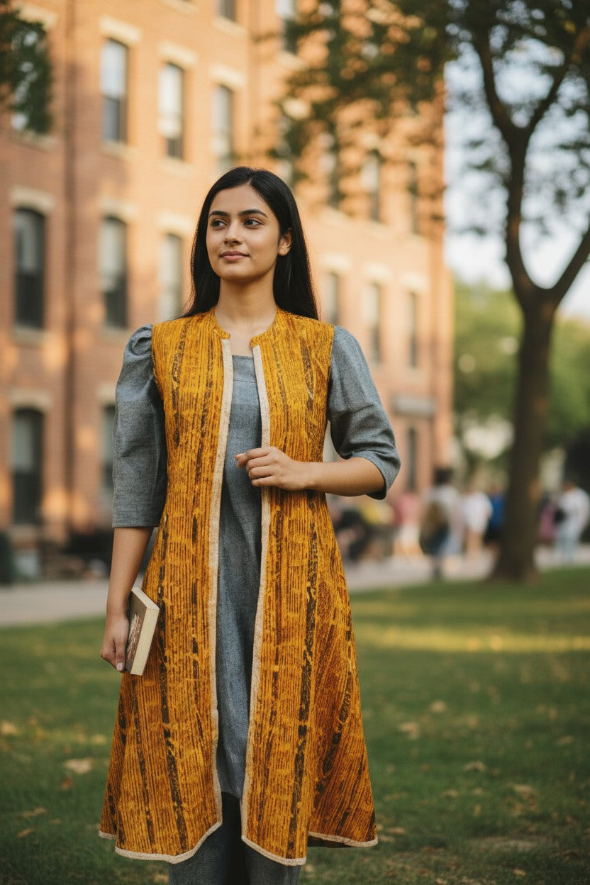 Women Cotton Yellow & Grey Shrug Set