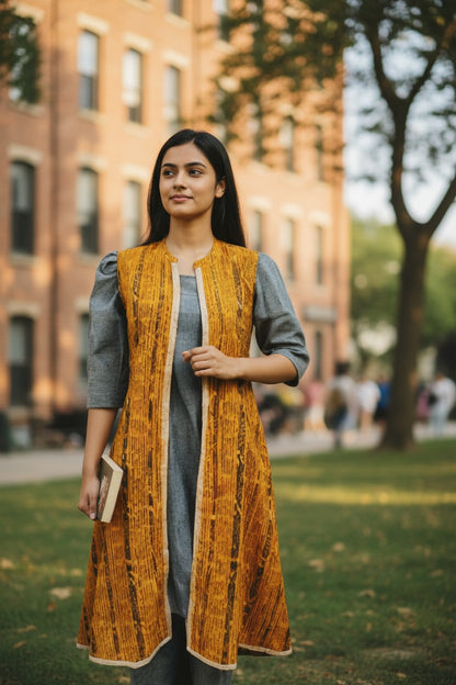 Women Cotton Yellow & Grey Shrug Set