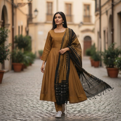 Handloom Designer Mustard Kurta ,Pant nd  Dupatta Set