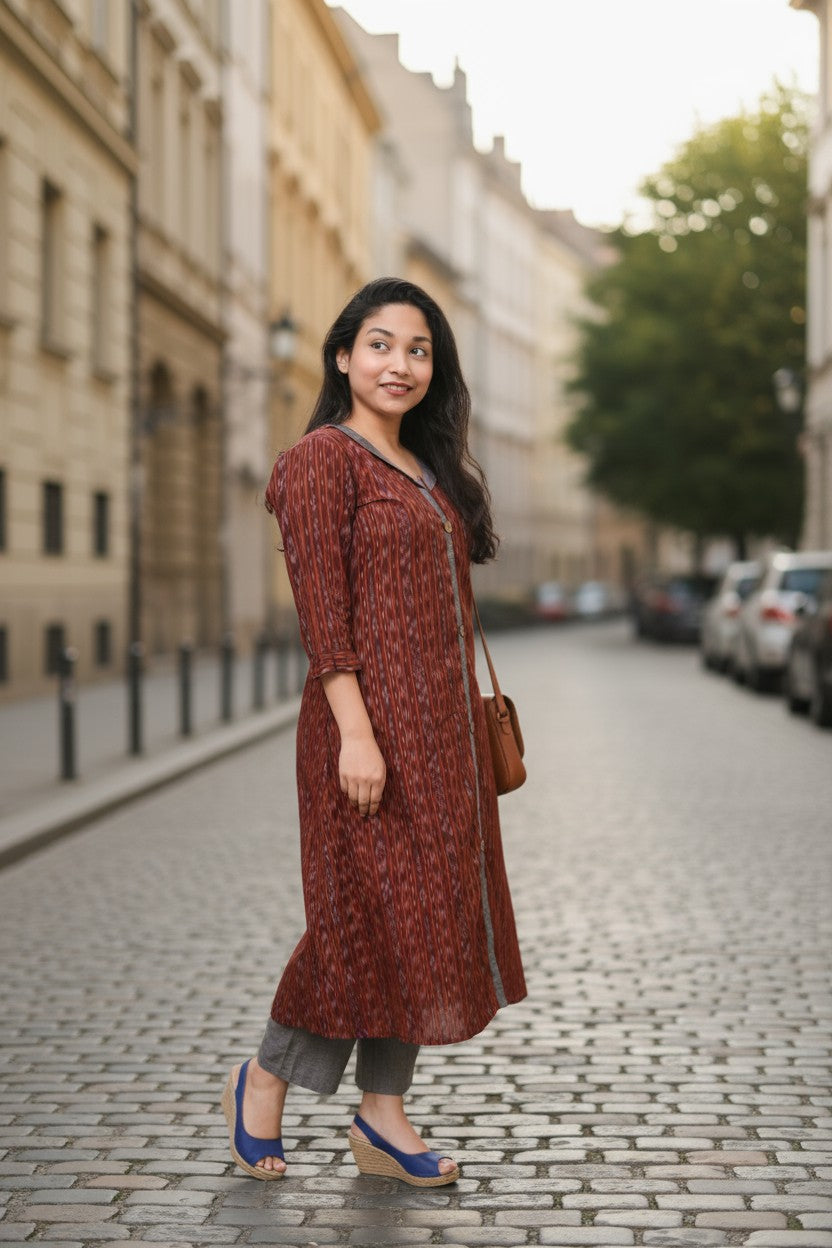 Ikkat Maroon Kurta &  Grey Pant Set