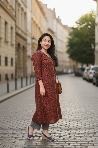 Ikkat Maroon Kurta &  Grey Pant Set