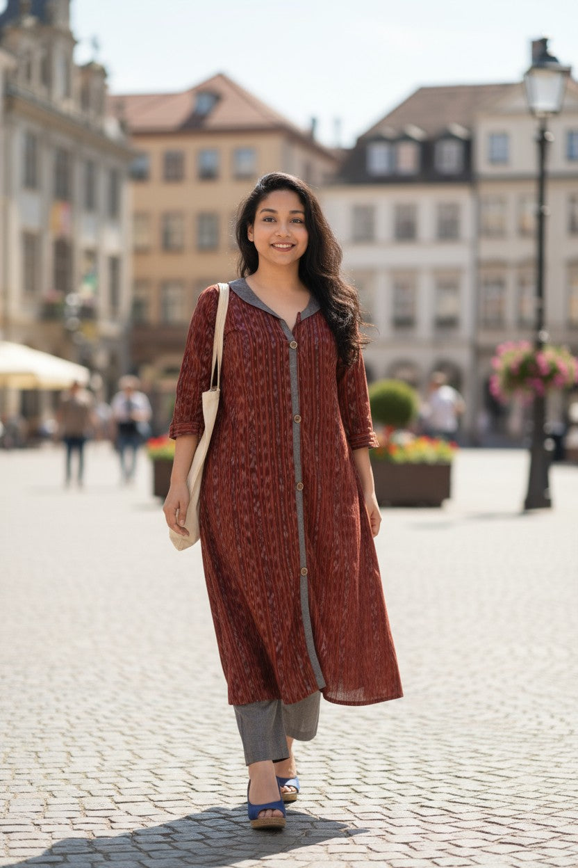 Ikkat Maroon Kurta &  Grey Pant Set