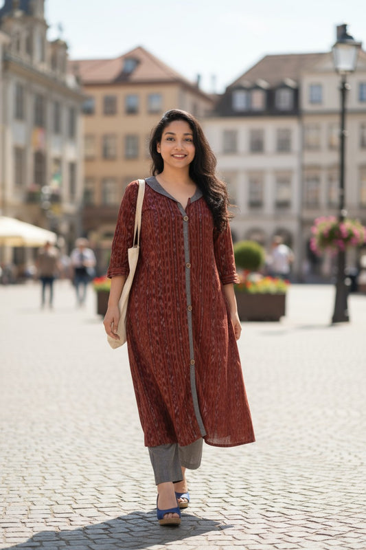 Ikkat Maroon Kurta &  Grey Pant Set