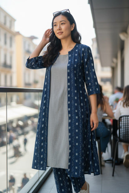 Women Cotton Blue & Grey Shrug Set