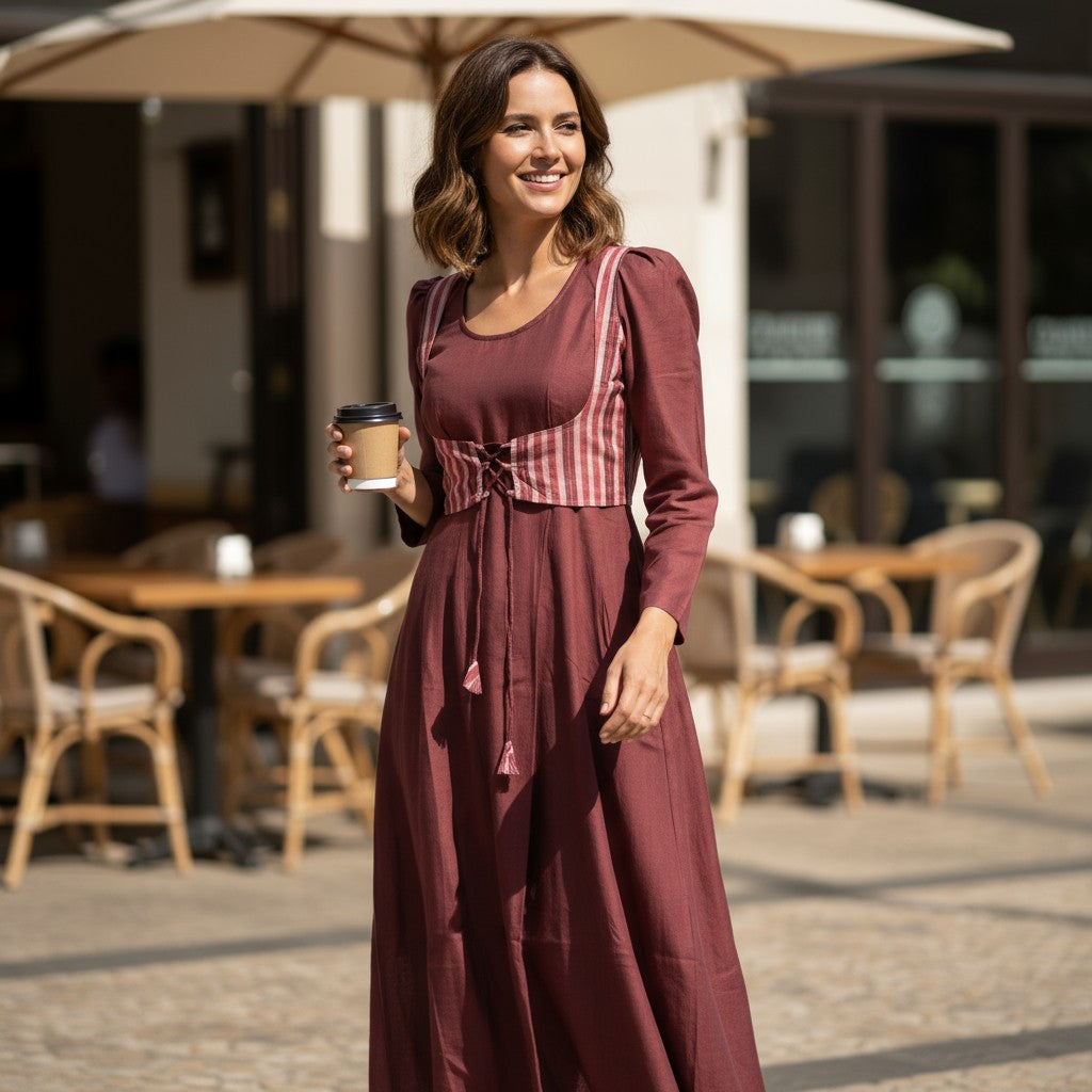 Cotton Maroon Anarkali Kurta & Short Jacket Kurta Set