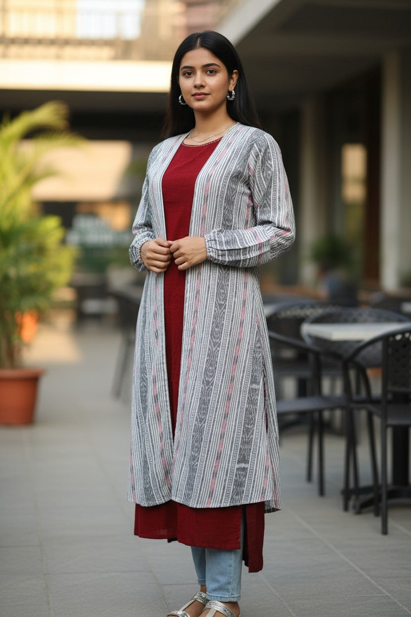 Handloom Designer White & Marron Shrug Set