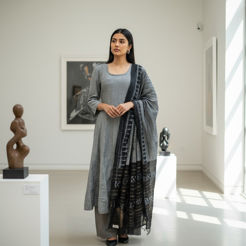 Handloom Designer Grey Kurta ,Pant nd  Dupatta Set