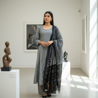 Handloom Designer Grey Kurta ,Pant nd  Dupatta Set