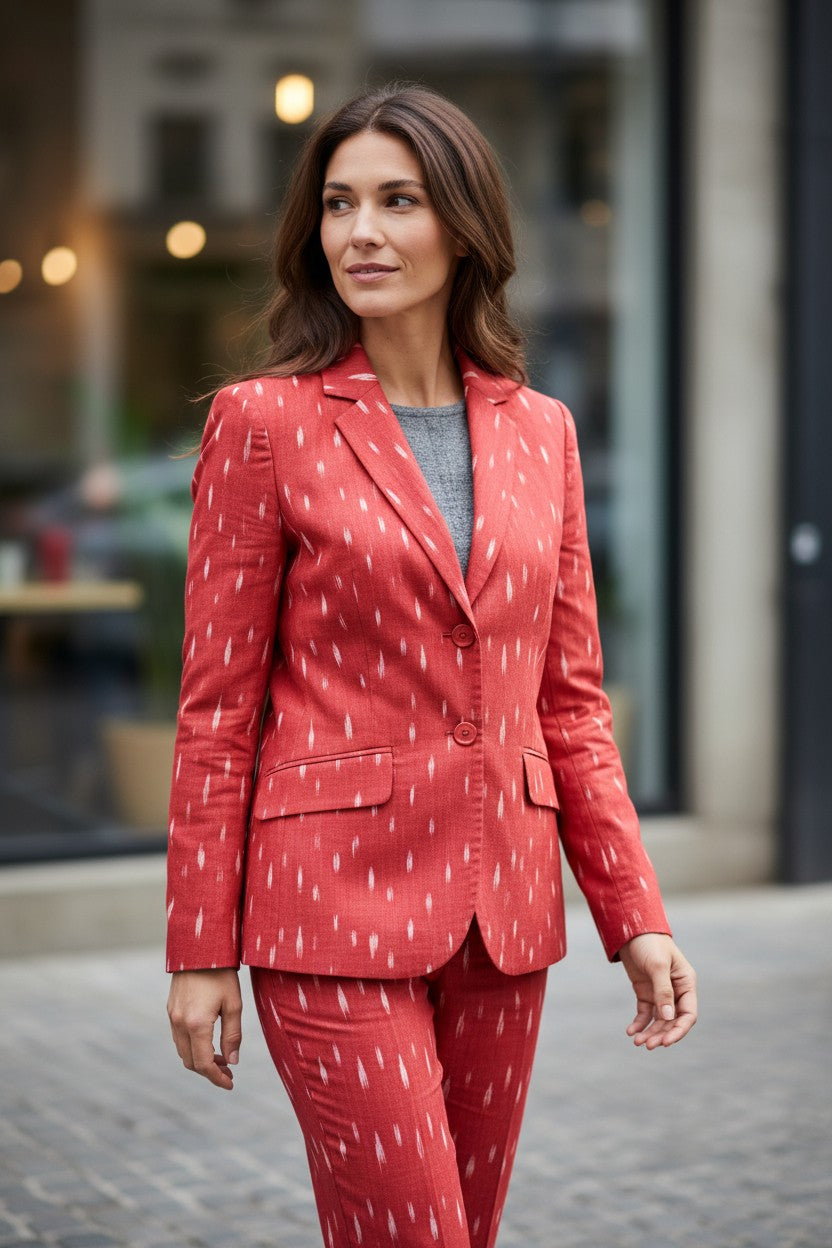 Handloom Red Blazer & Pant ,Top Suit