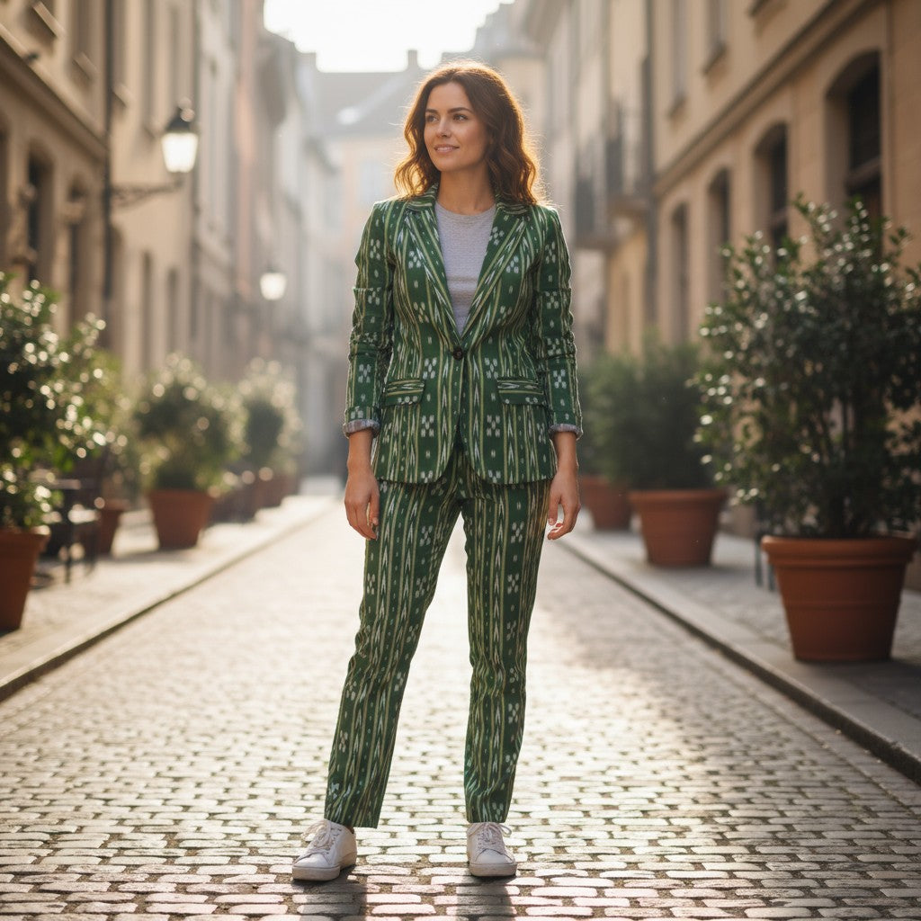 Handloom Green Ikkat Blazer Suit