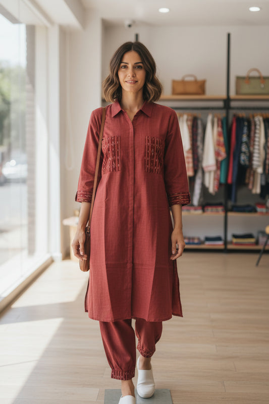 Handloom Maroon Coords Set