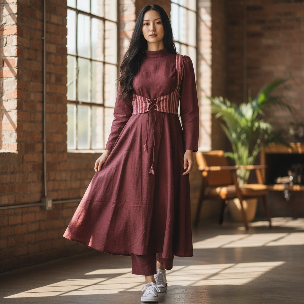 Cotton Maroon Anarkali Kurta & Short Jacket Kurta Set