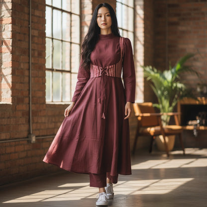 Cotton Maroon Anarkali Kurta & Short Jacket Kurta Set