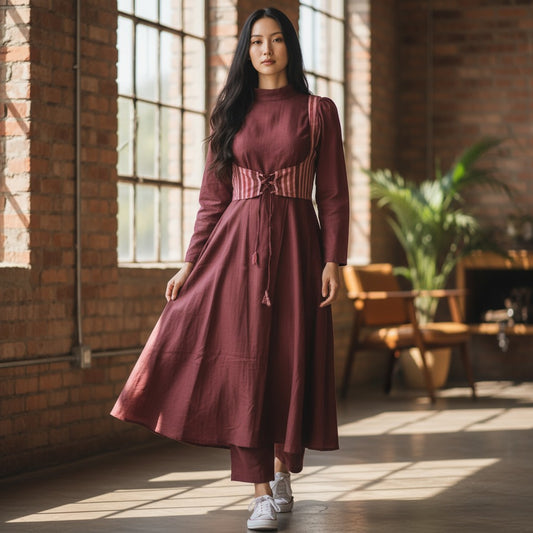 Cotton Maroon Anarkali Kurta & Short Jacket Kurta Set