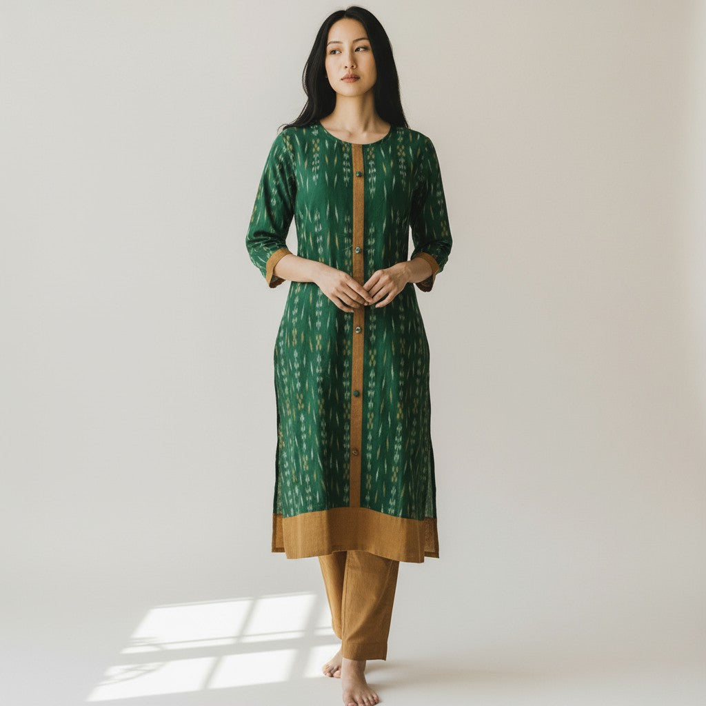 Handloom Cotton Stylish Green Kurta Set