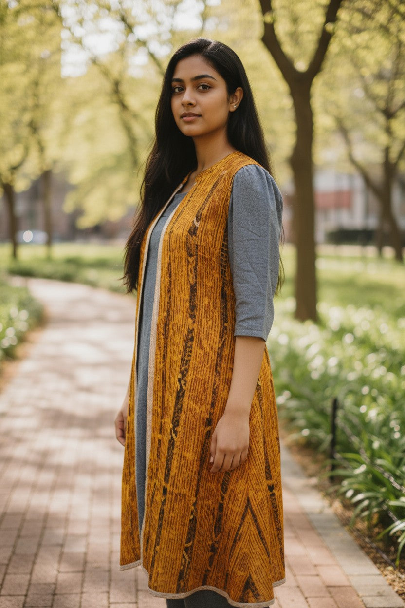 Women Cotton Yellow & Grey Shrug Set