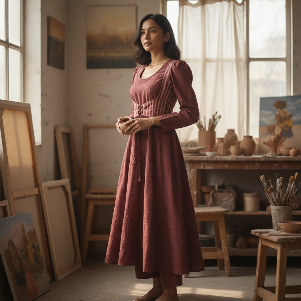 Cotton Maroon Anarkali Kurta & Short Jacket Kurta Set