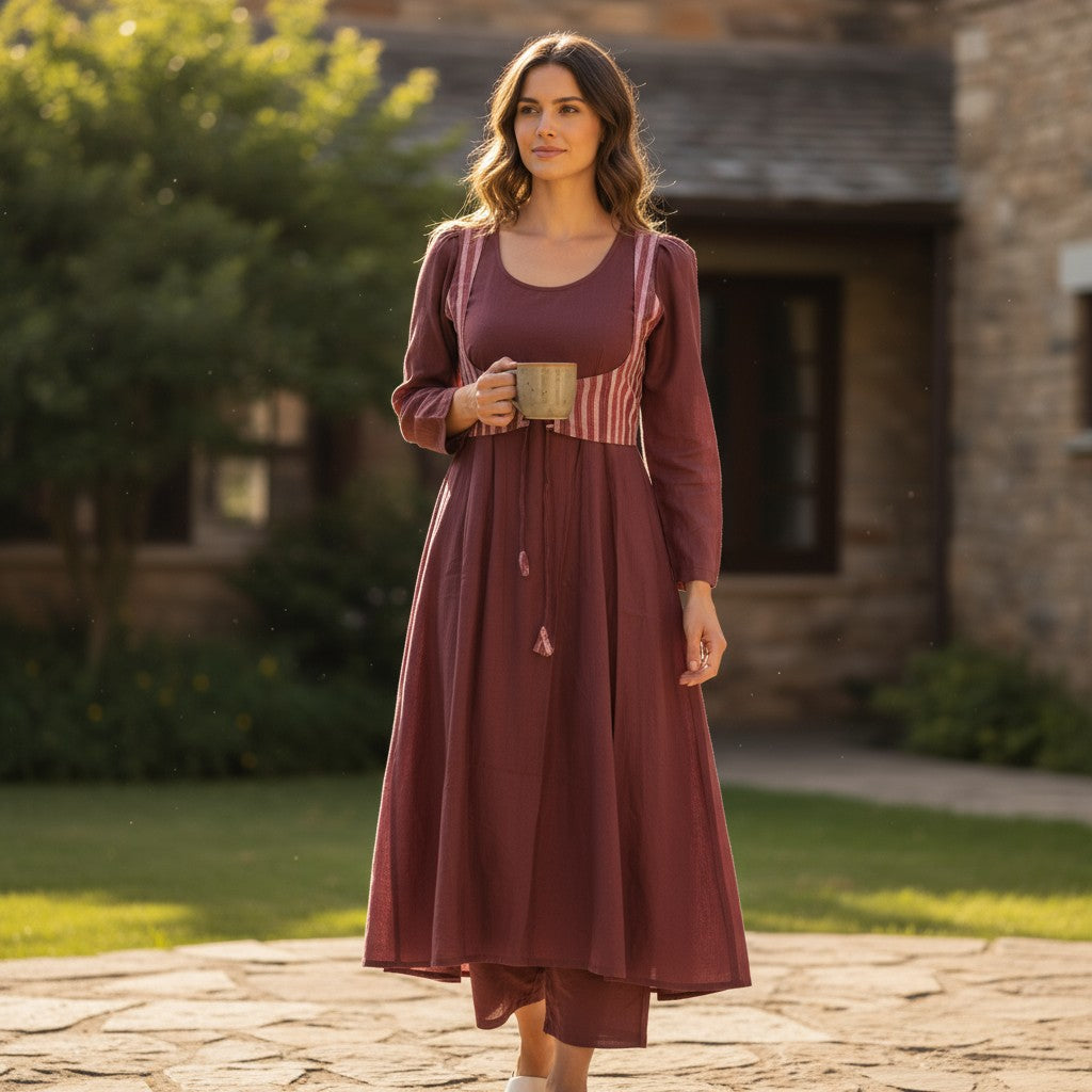 Cotton Maroon Anarkali Kurta & Short Jacket Kurta Set
