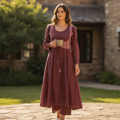 Cotton Maroon Anarkali Kurta & Short Jacket Kurta Set