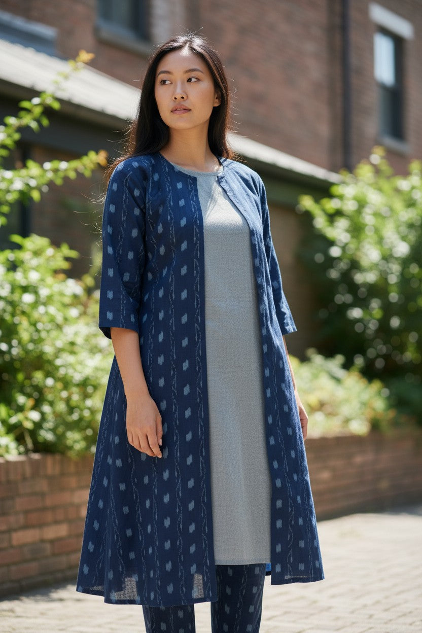 Women Cotton Blue & Grey Shrug Set