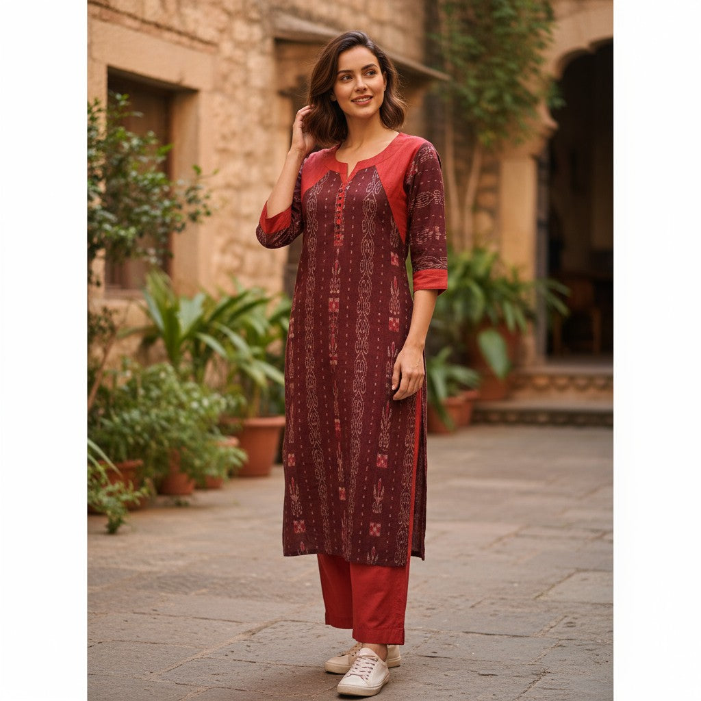 Cotton Maroon Kurta  & Pant Set