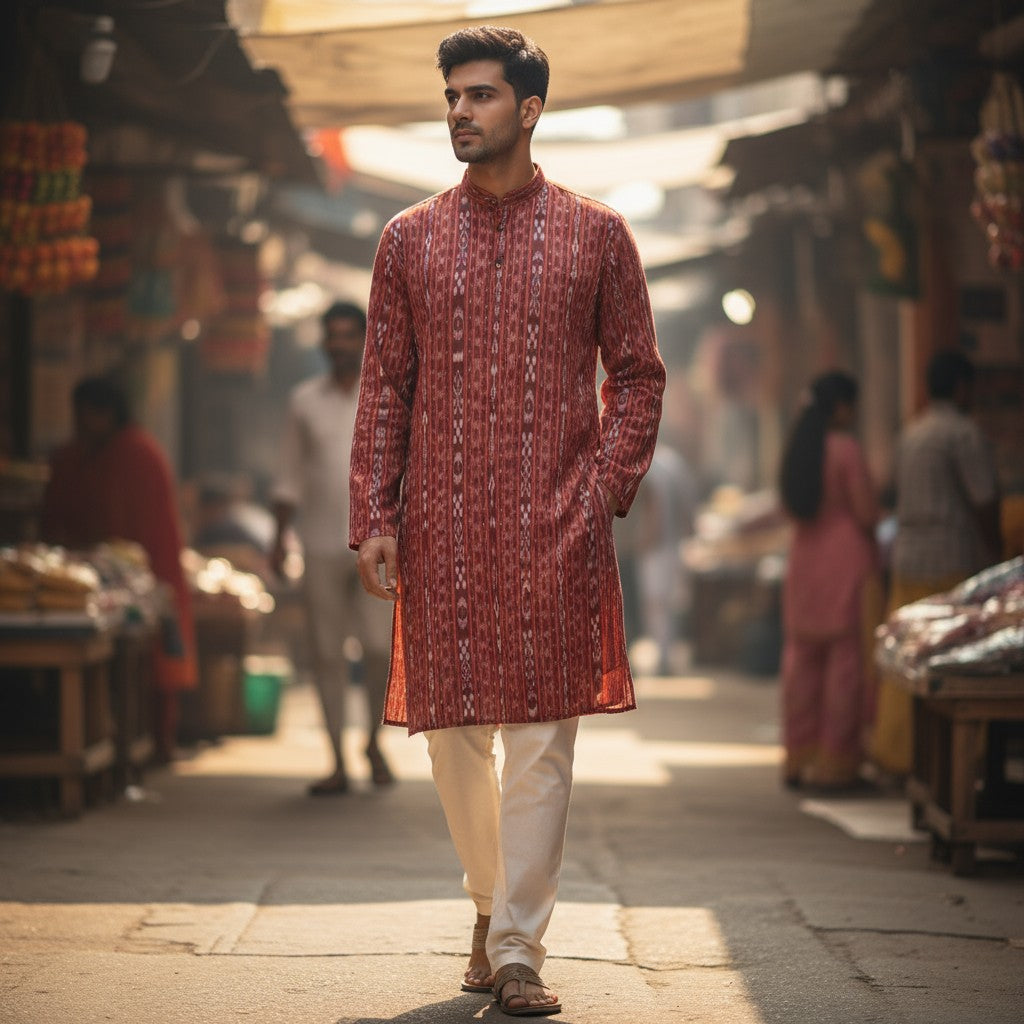 Handloom Cotton Maroon Mens Kurta