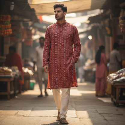 Handloom Cotton Maroon Mens Kurta