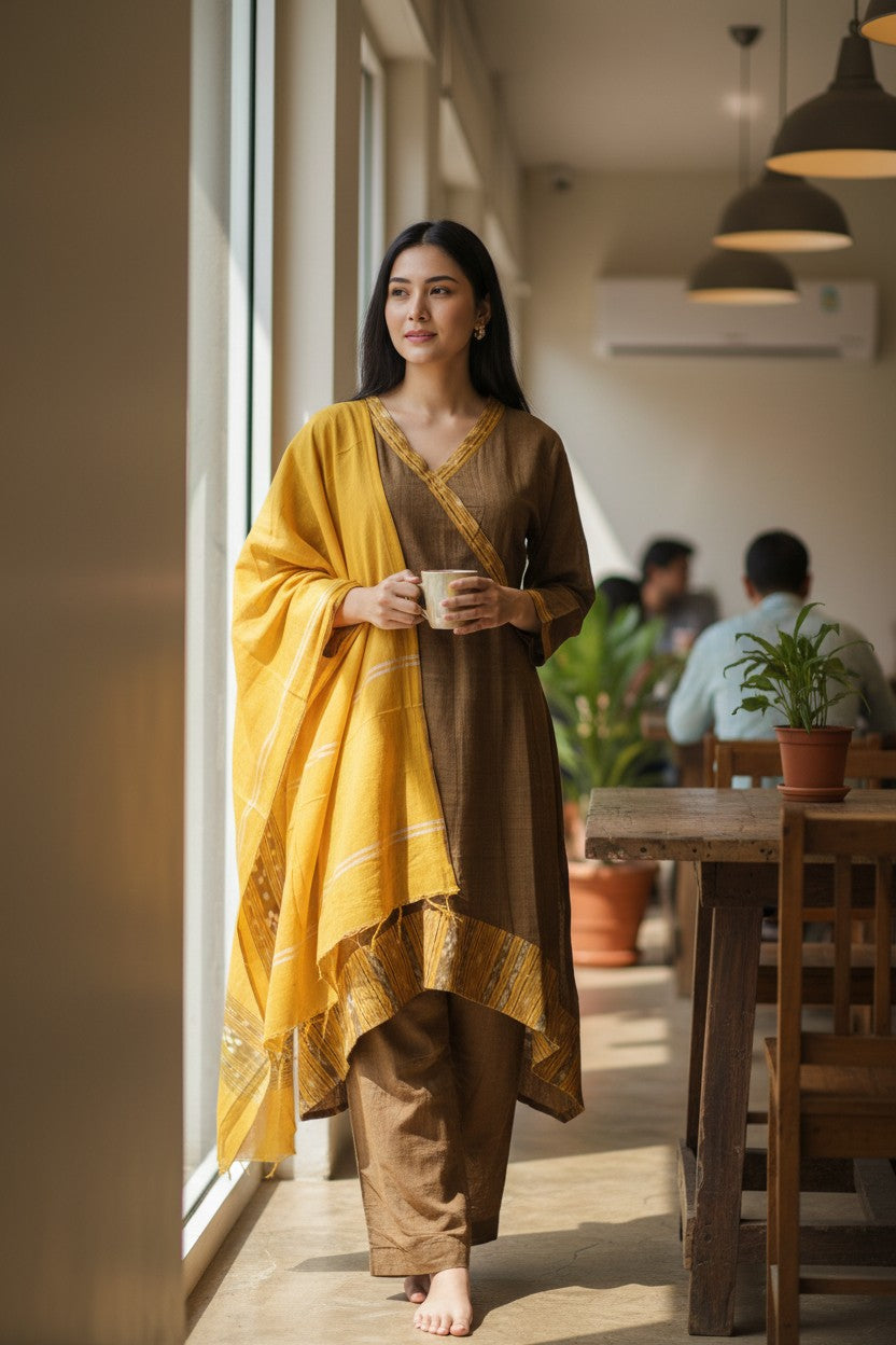 Handloom High Low Anarkali Kurta Dupatta Set