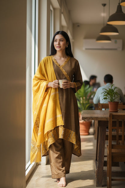 Handloom High Low Anarkali Kurta Dupatta Set