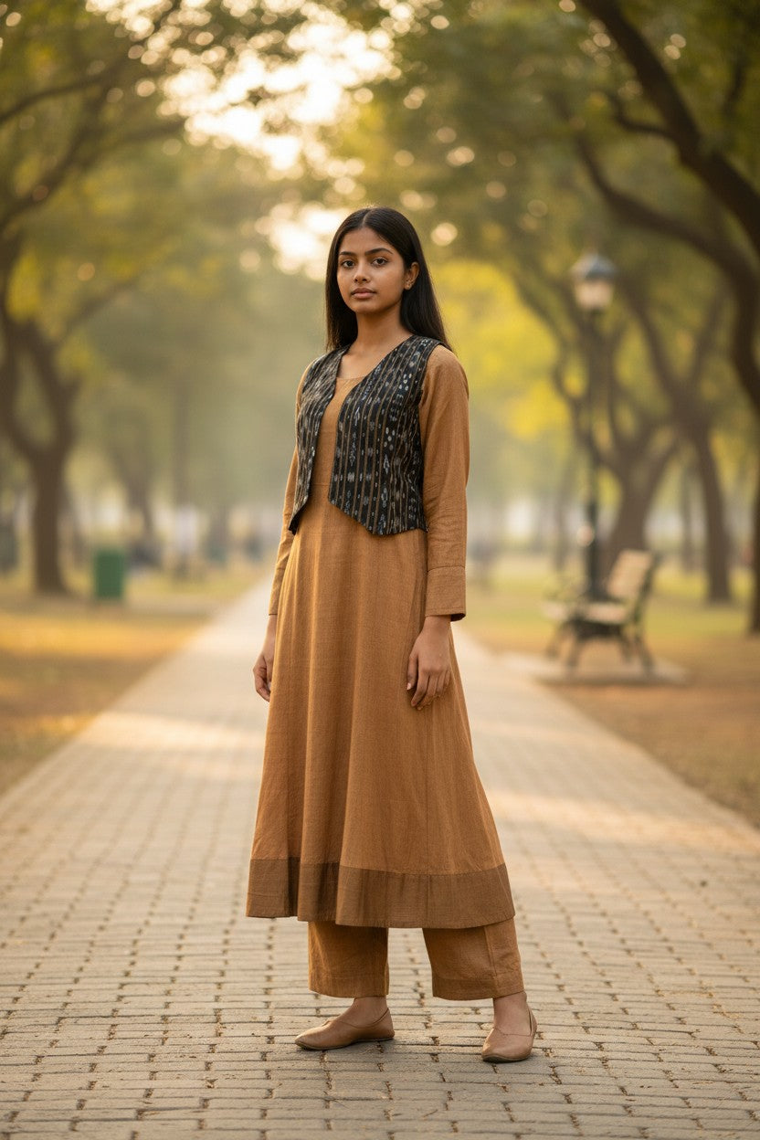 Handloom Mustard Anarkali Set with Black Jacket