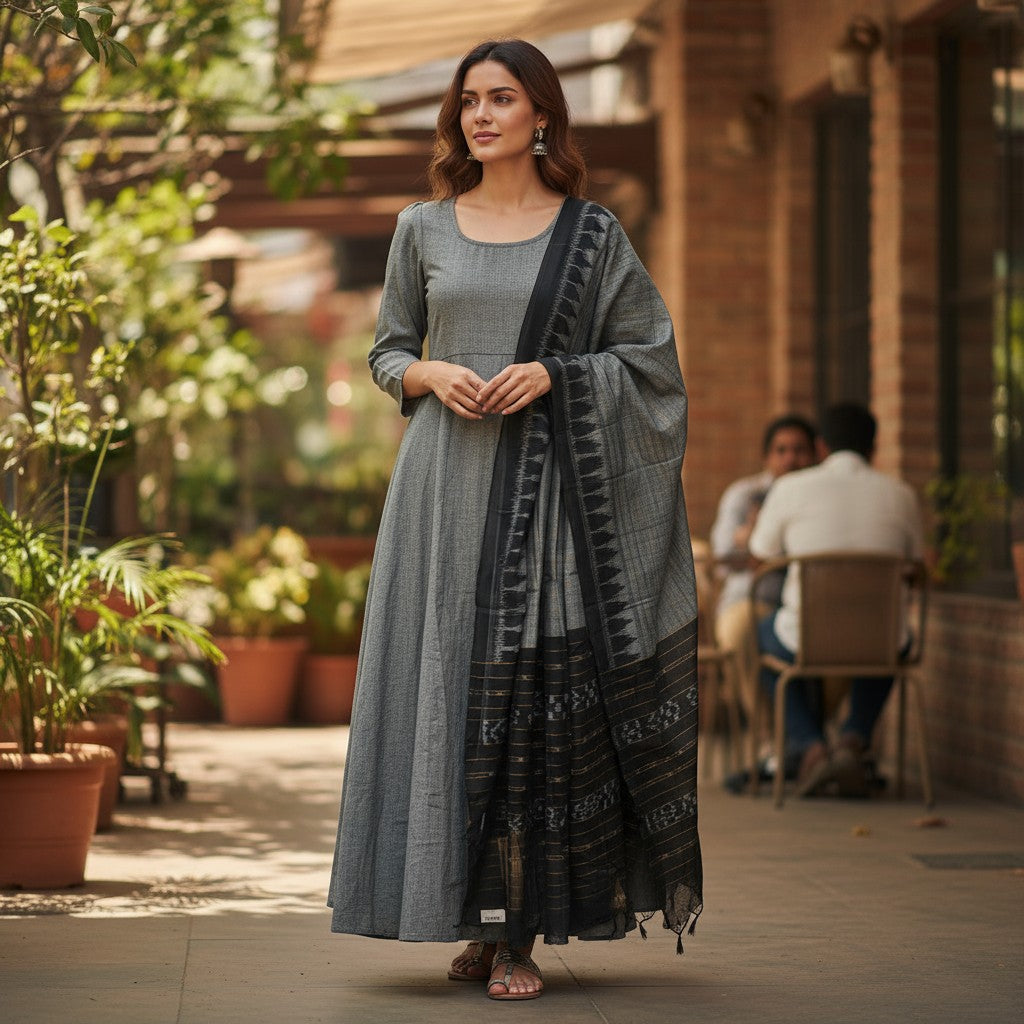 Handloom Designer Grey Kurta ,Pant nd  Dupatta Set