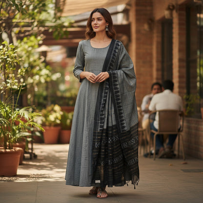 Handloom Designer Grey Kurta ,Pant nd  Dupatta Set