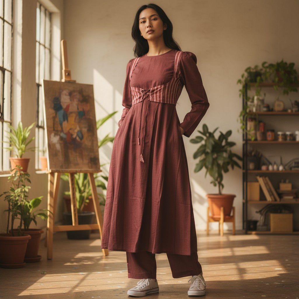 Cotton Maroon Anarkali Kurta & Short Jacket Kurta Set